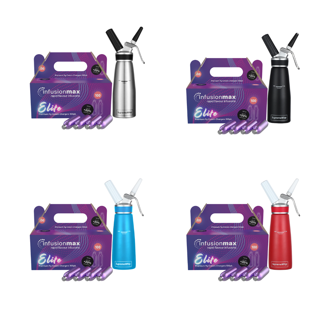 InfusionMax Elite 100 Packs 9g Cream Chargers + SupremeWhip PRO 500ml Aluminum Dispenser Bundle