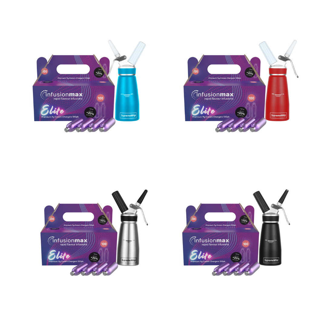 InfusionMax Elite 100 Packs 9g Cream Chargers + SupremeWhip PRO 250ml Aluminum Dispenser Bundle