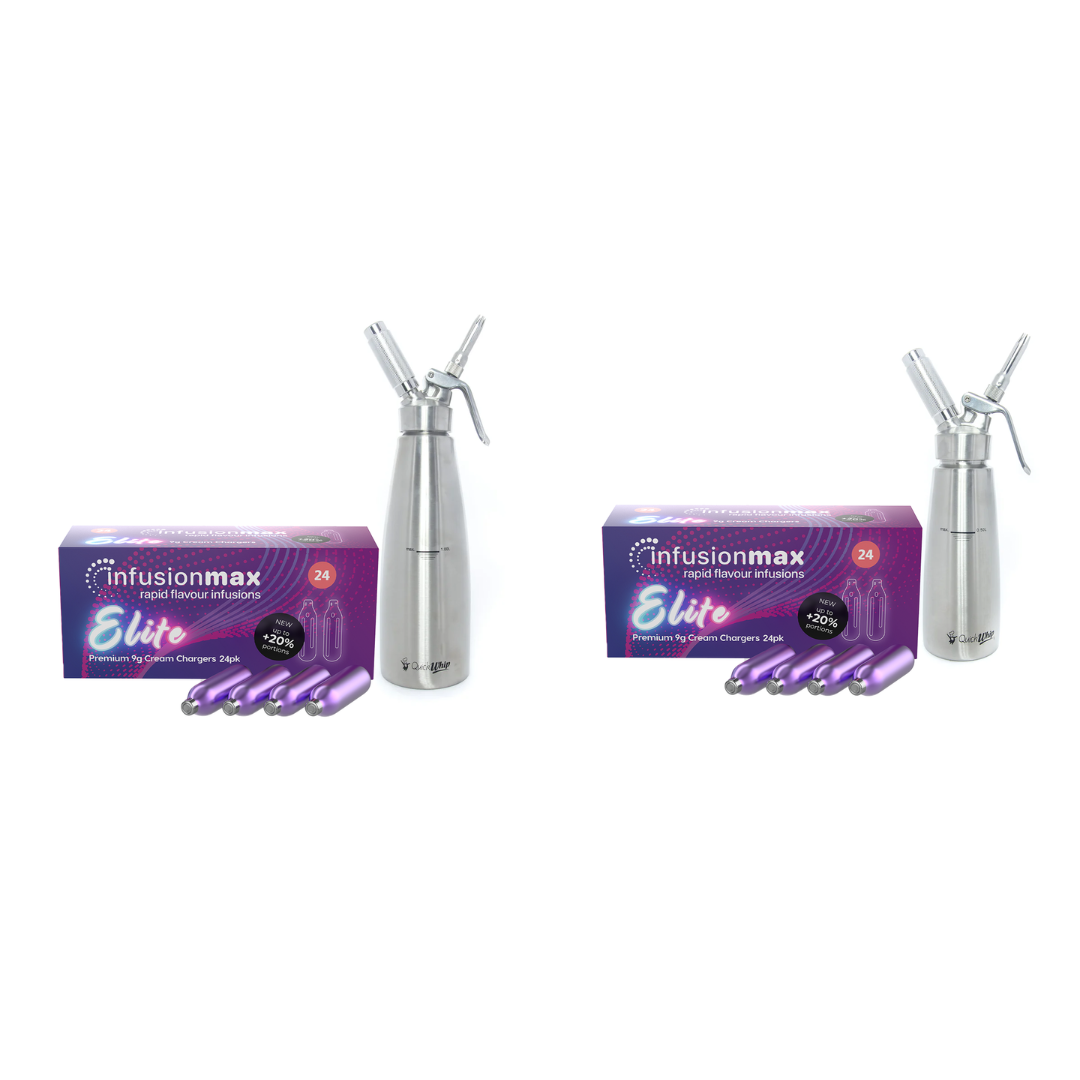 InfusionMax Elite 24-Pack 9g Cream Chargers + QuickWhip PRO Stainless Steel Whipped Cream Dispenser Bundle