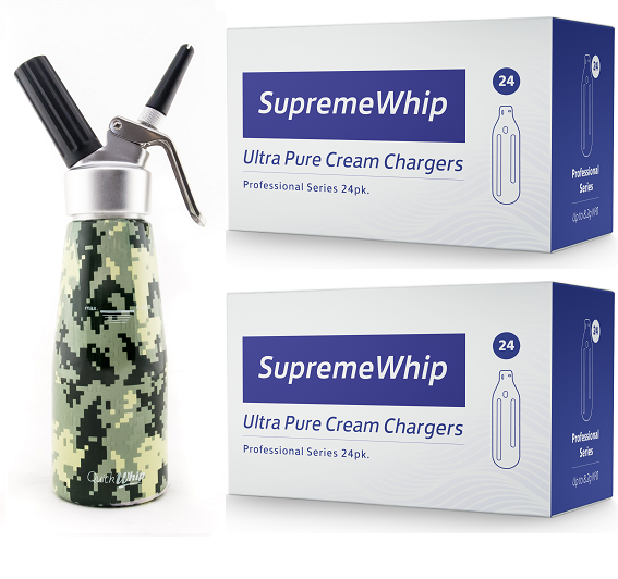 Starter Pack - SupremeWhip Cream Chargers – 96 - (4 x 24Pks)  & 0.5L Army Print Dispenser