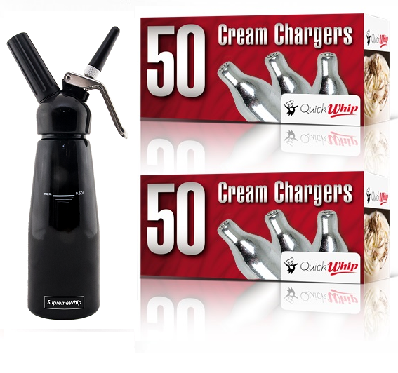 Starter Pack - QuickWhip Cream Chargers – 600 - (12 x 50Pks)  & 0.5L SupremeWhip Dispenser Black