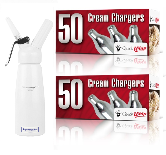 Starter Pack - QuickWhip Cream Chargers – 600 - (12 x 50Pks)  & 0.5L SupremeWhip Dispenser White